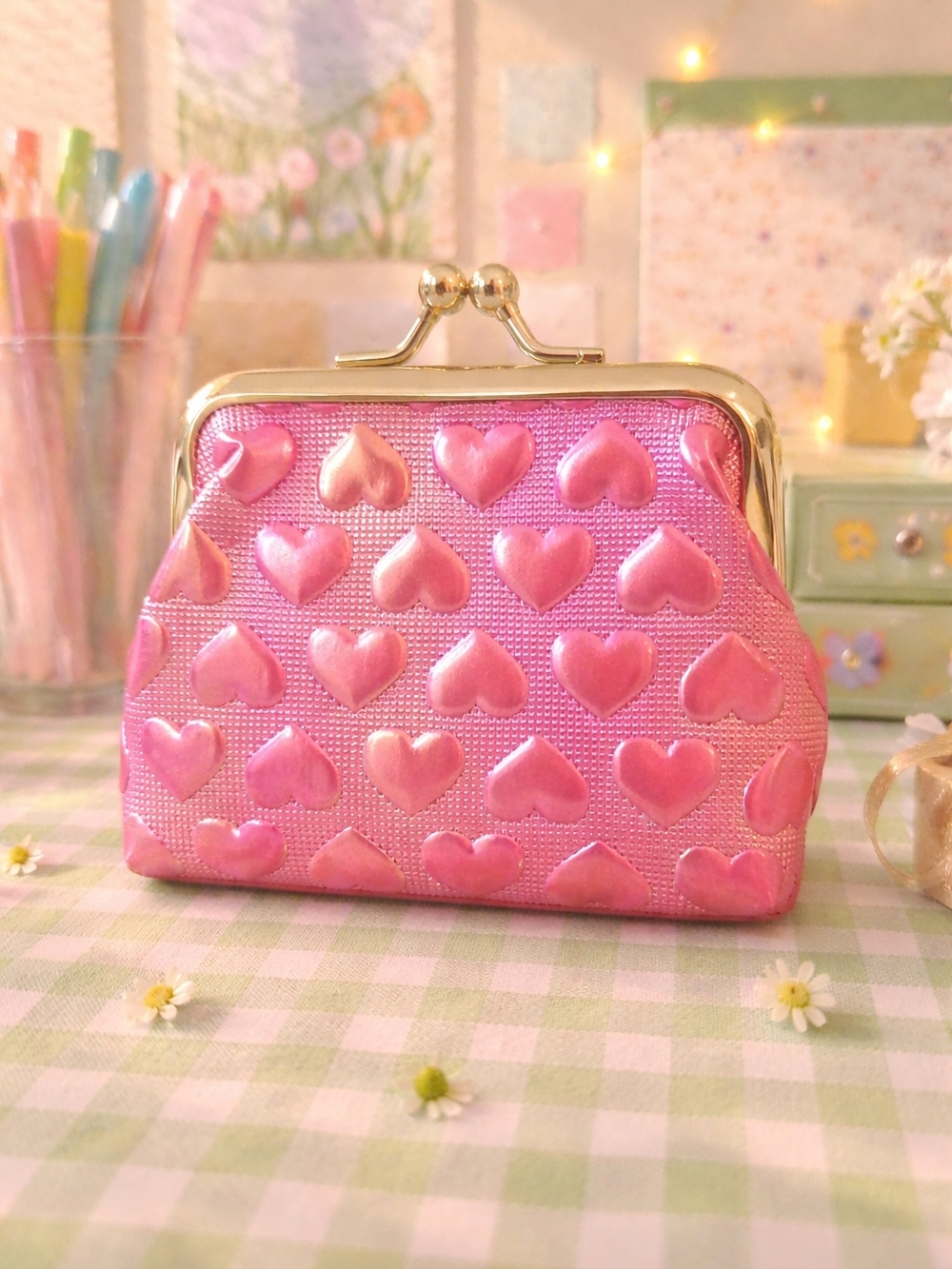 Pink Heart-Embossed Kiss-Lock Coin Purse